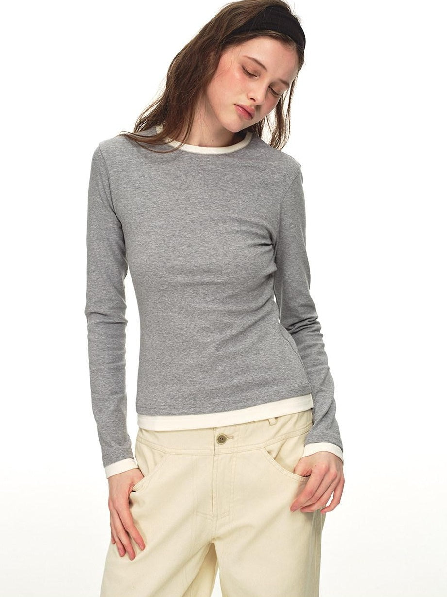 Country Moment Stretch Cotton Layered Slim Fit Casual Women Crewneck Gray Long Sleeve T-Shirts