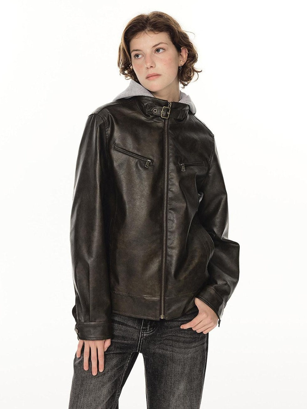 Country Moment Warm Pu Leather Detachable Hood Loose Fit Casual Unisex Leather Jackets