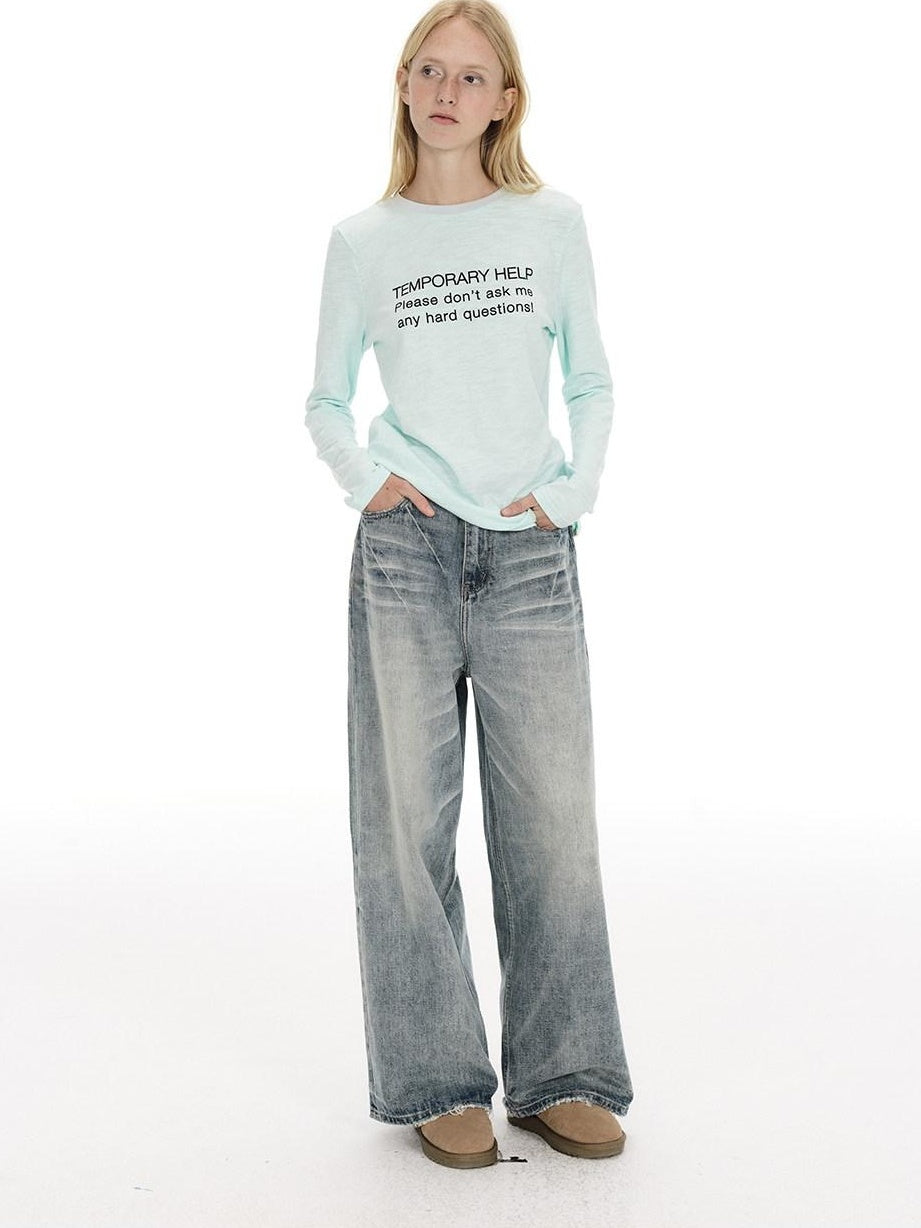 Country Moment Mid Rise Washed Whisker Brushed Cotton Casual Unisex Blue Wide Leg Jeans