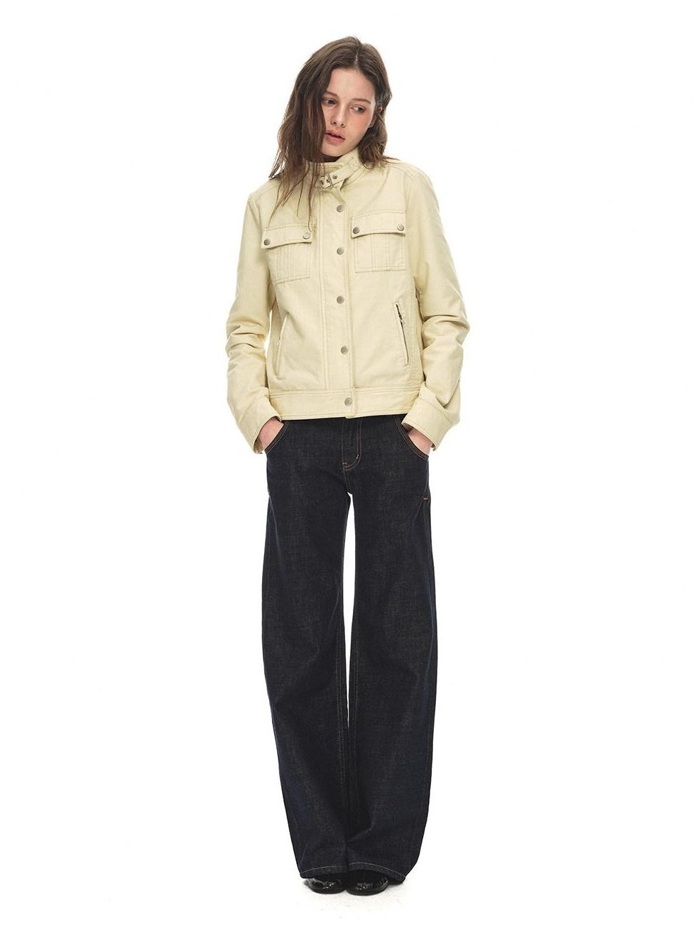 Country Moment Durable Cotton Button Loose Fit Vintage Stand Collar Women Cropped Jackets