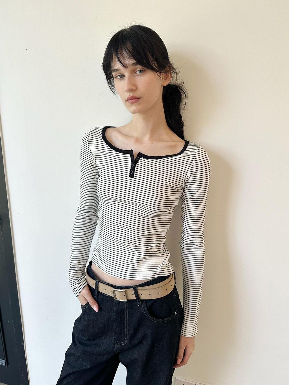 Country Moment Breathable Cotton Slim Fit Retro Striped Henley Women Long Sleeve T-Shirts
