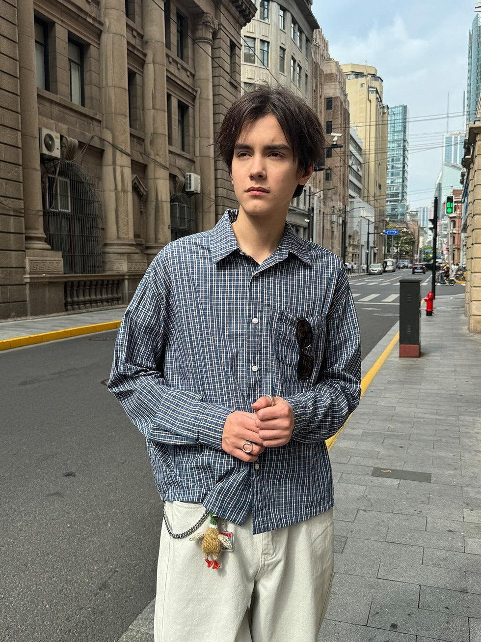 Country Moment 100% Cotton American Loose Square Neck Blue Plaid Teen Casual Long Sleeve Shirts