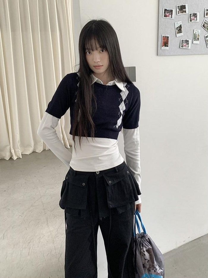 DDGIRL studio High Waist Zip Fly Pockets Relaxed Straight Leg Black Cotton Nylon Cargo Pants