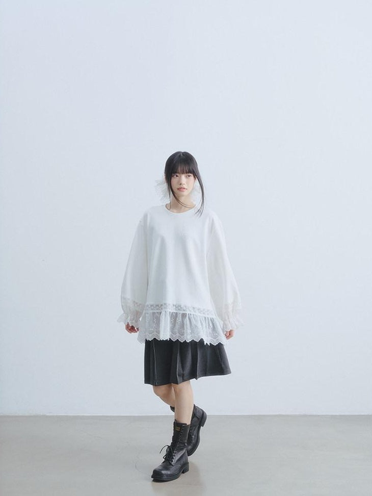 DDGIRL studio Layered Lace Oversized Puff Sleeve Womens Cotton White Long Sleeve T-Shirts