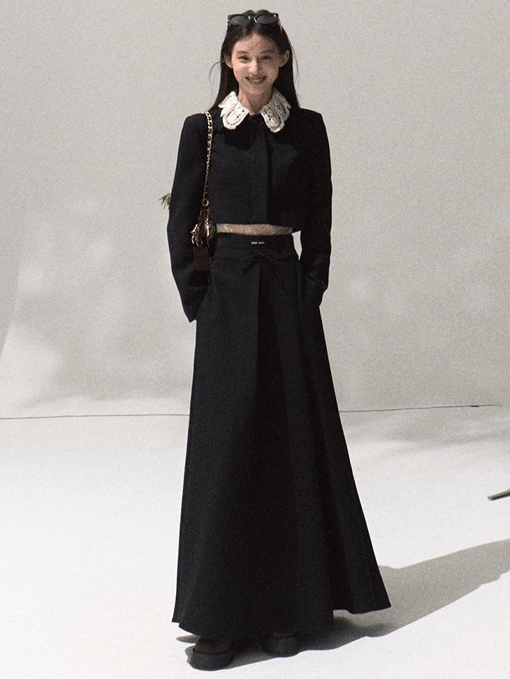 7 OAKMOO Lightweight Long Sleeve Doll Collar High Waist Black Top & Skirt Sets