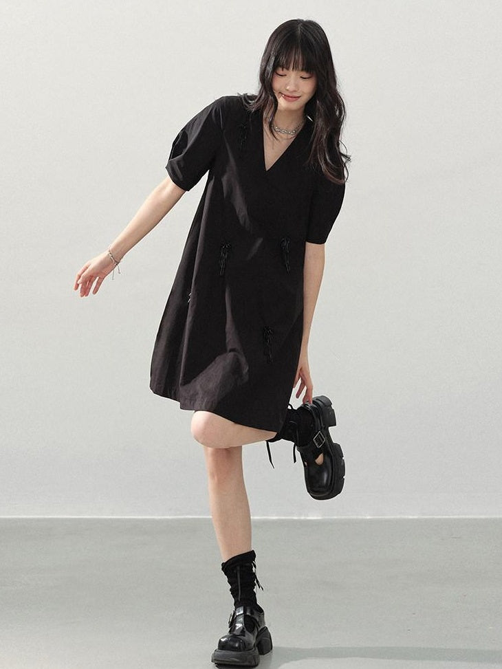 DDGIRL studio Beaded Soft Cotton A Line Puff Sleeve V-neck Back Zipper Black Mini Dresses
