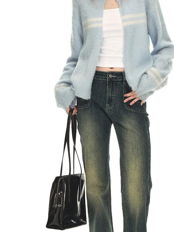 Country Moment Soft Wool Blend Light Blue Striped Relaxed Collar Women Breathable Cardigans
