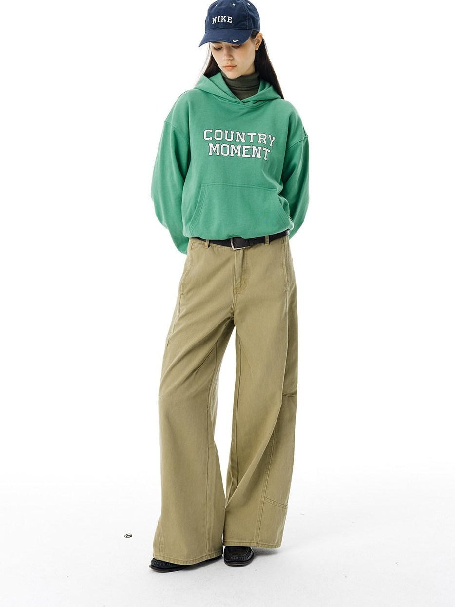 Country Moment Cropped Heavyweight Cotton Printed Loose Fit Unisex Green Streetwear Hoodie