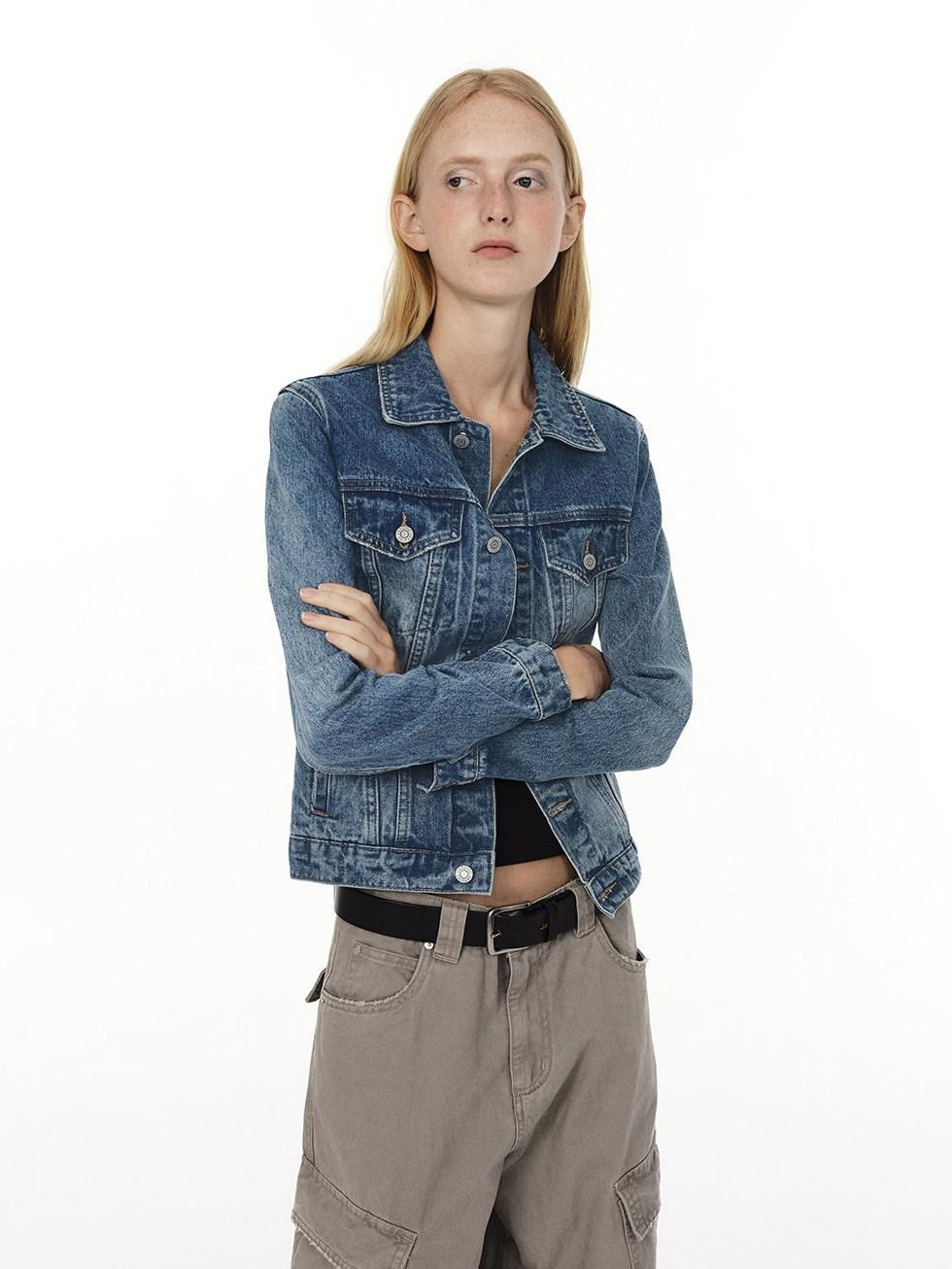 Country Moment Durable Gradient Washed Button Detail Vintage Slim Cropped Unisex Denim Jackets
