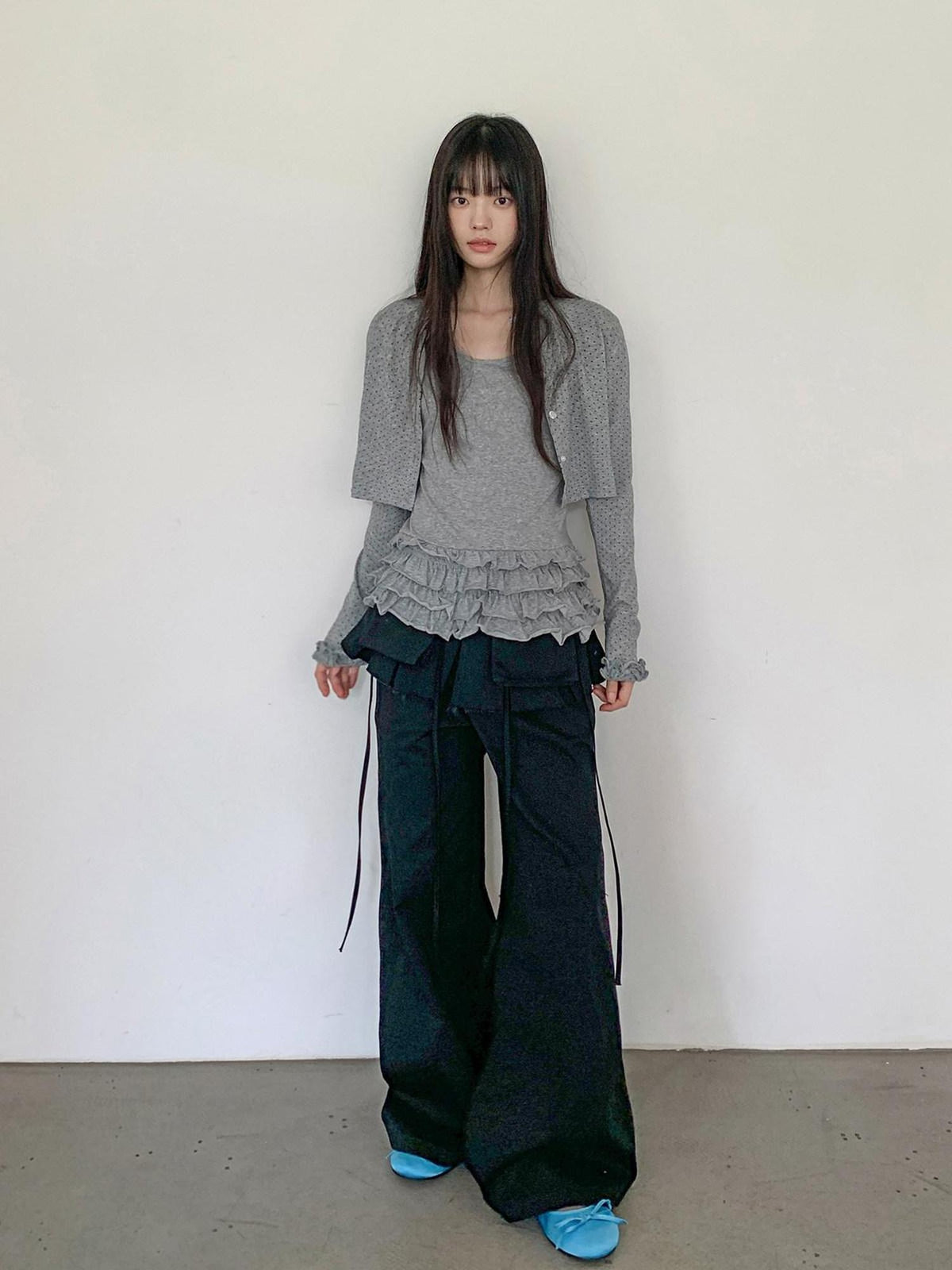 DDGIRL studio High Waist Zip Fly Pockets Relaxed Straight Leg Black Cotton Nylon Cargo Pants