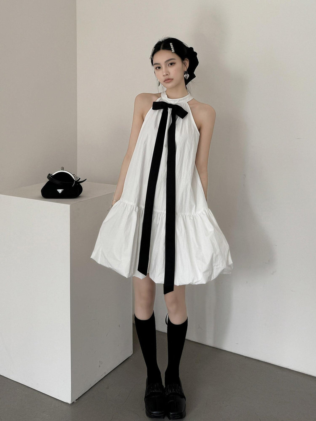 DDGIRL studio Soft Cotton Nylon Bow Sleeveless Aline Office Women Halter Back Zip Midi Dresses