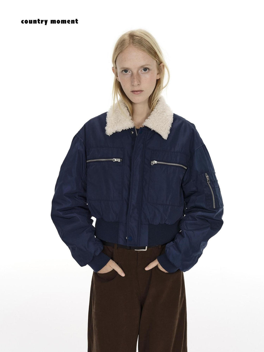 Country Moment Waterproof Cotton Padded Zipper Drop Shoulder Women Navy Cropped Jackets