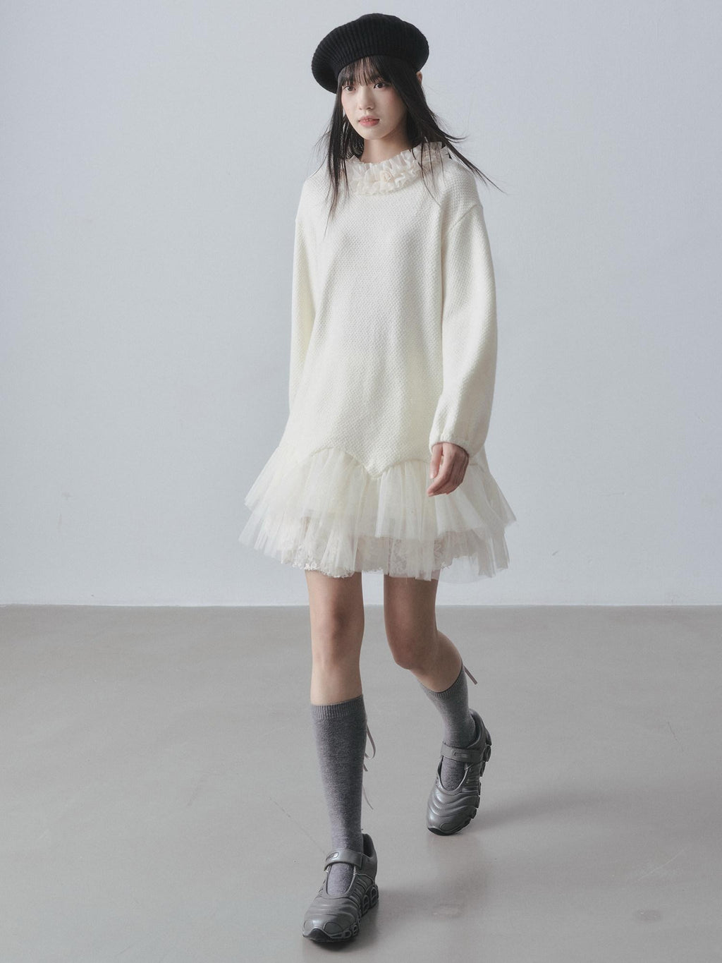 DDGIRL studio Sweet Soft Knit Tulle Panel A Line Long Sleeve Back Button Mini Dresses