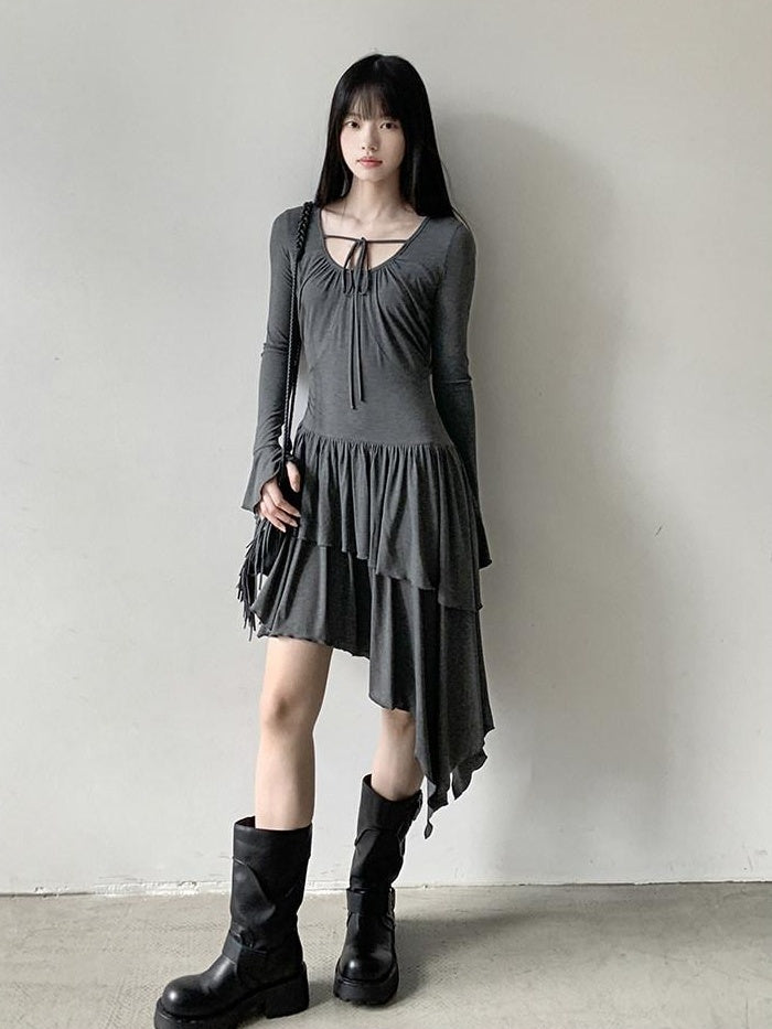 DDGIRL studio Soft Stretch Lyocell Asymmetric Cinched Waist U Neck Commuter Midi Dresses