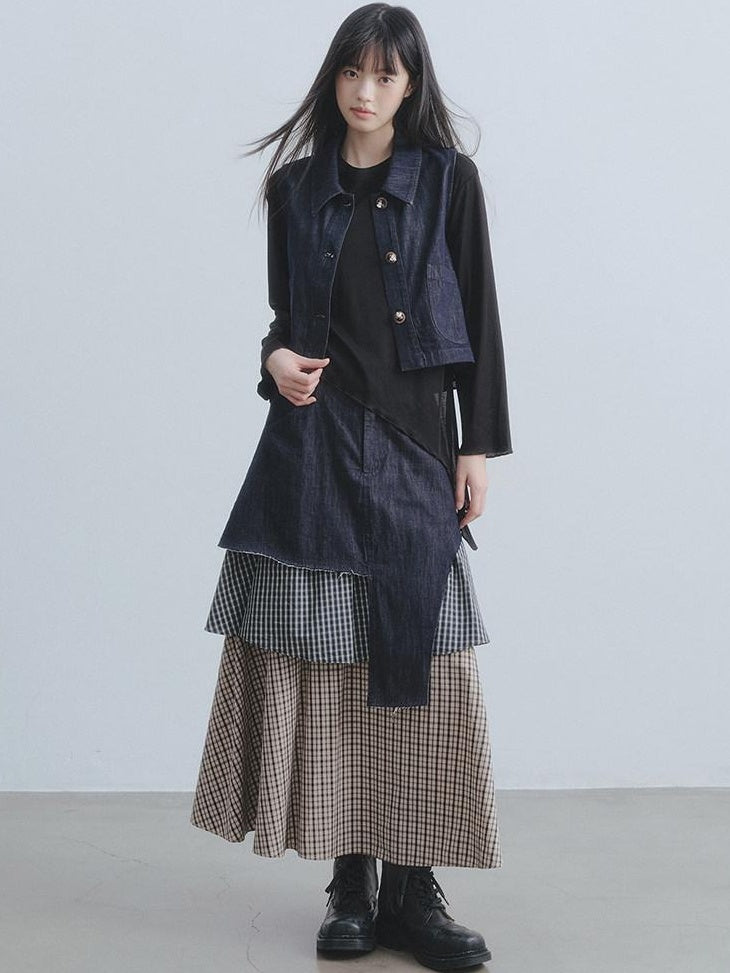 DDGIRL studio Asymmetric Plaid Leather Lapel Vest High Waist Skirt Women Top & Skirt Sets