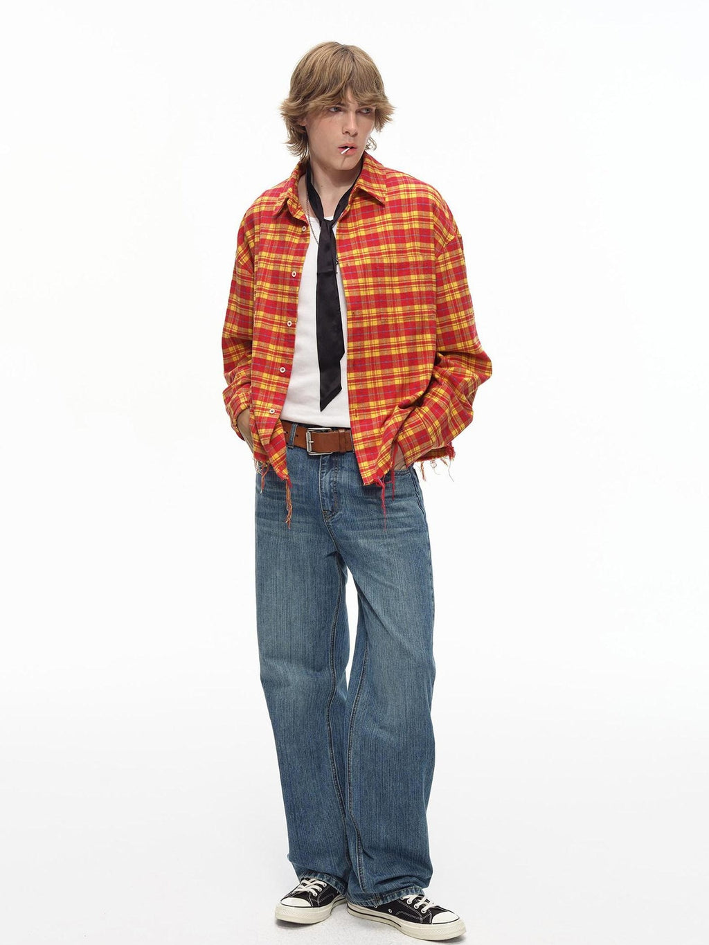 Country Moment Breathable Cotton Loose Plaid Fringe Unisex Longsleeve Button Collar Shirts