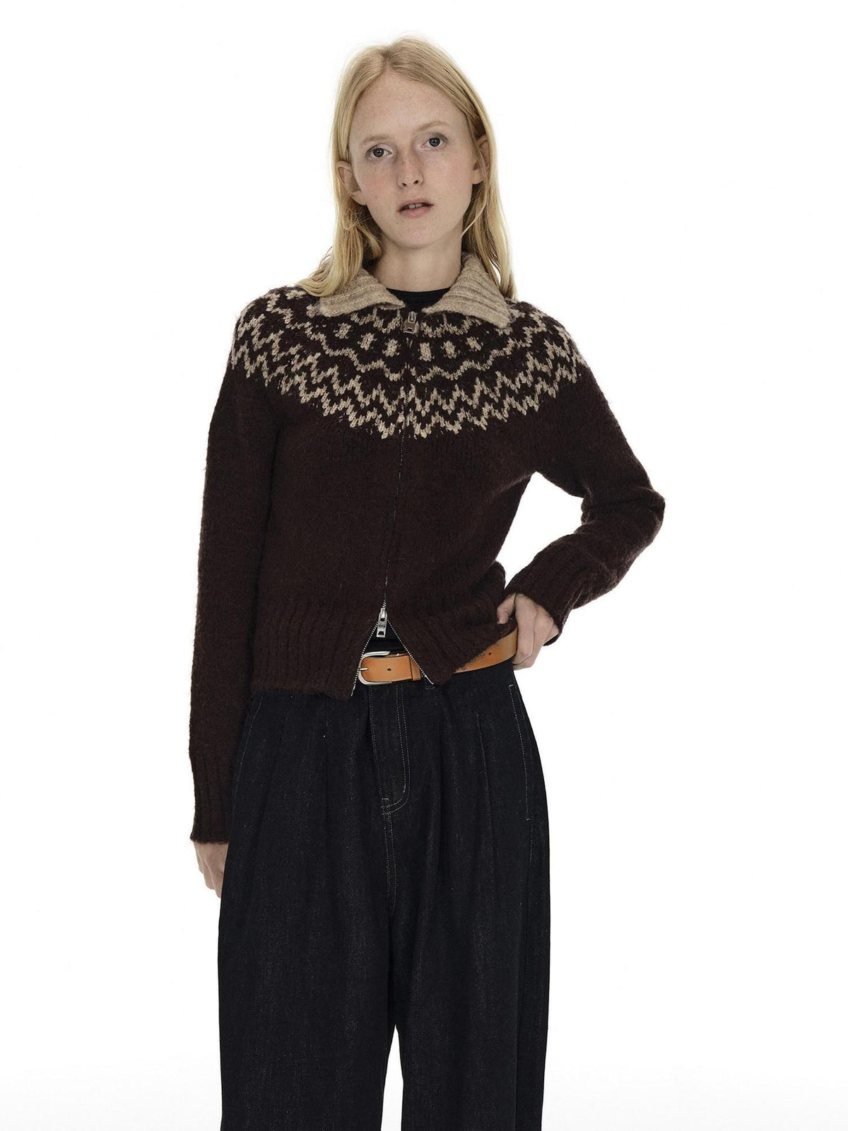 Country Moment Soft Wool Blend Thermal Slim Jacquard Zip Front Unisex Brown Cardigans