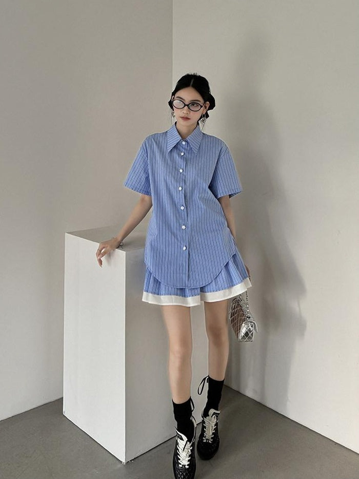 DDGIRL studio Breathable Relaxed Polo Short Sleeve Women Striped Blue Top & Skirt Sets