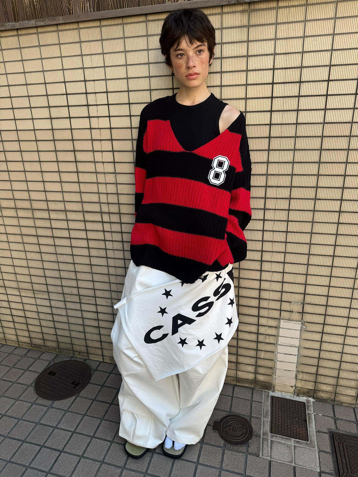 CasseSango Soft Breathable V-neck Openwork Colorblock Loose Unisex Casual Striped Sweaters