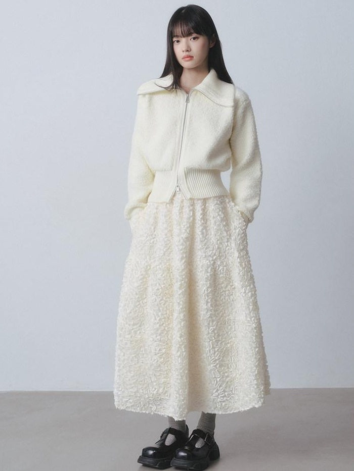 DDGIRL studio Cozy Warm Simple Daydream Waist Cinch Zip Cardigan Acrylic Blend Cream Sweaters