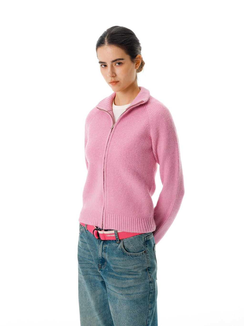 Country Moment Warm Zipper Stand Collar Slim Fit Cardigan Knit Women Rose Purple Sweaters