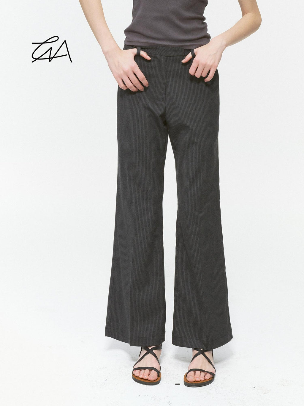 Country Moment Office Slim Mid Rise Tailored Dark Gray Striped Flared Pants