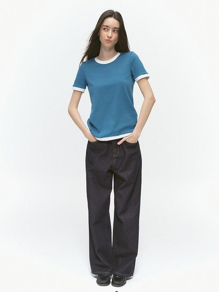 Country Moment Stretch Cotton Patchwork Casual Straight Fit Lake Blue Short Sleeve T-Shirts