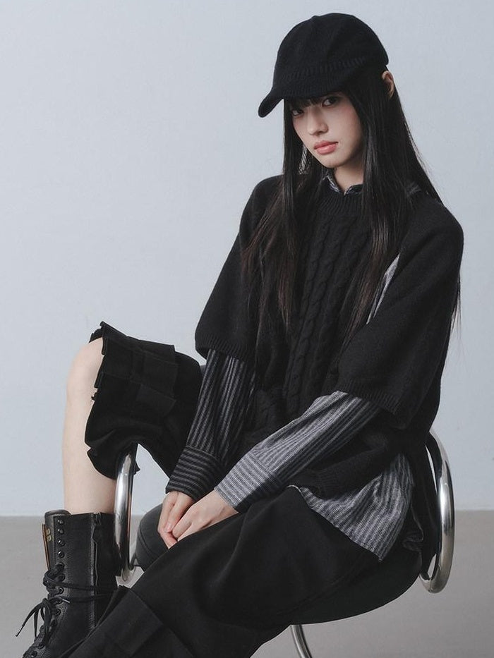 DDGIRL studio Warm Openwork Striped Knit Two Piece Loose Fit Collared Women Sweaters
