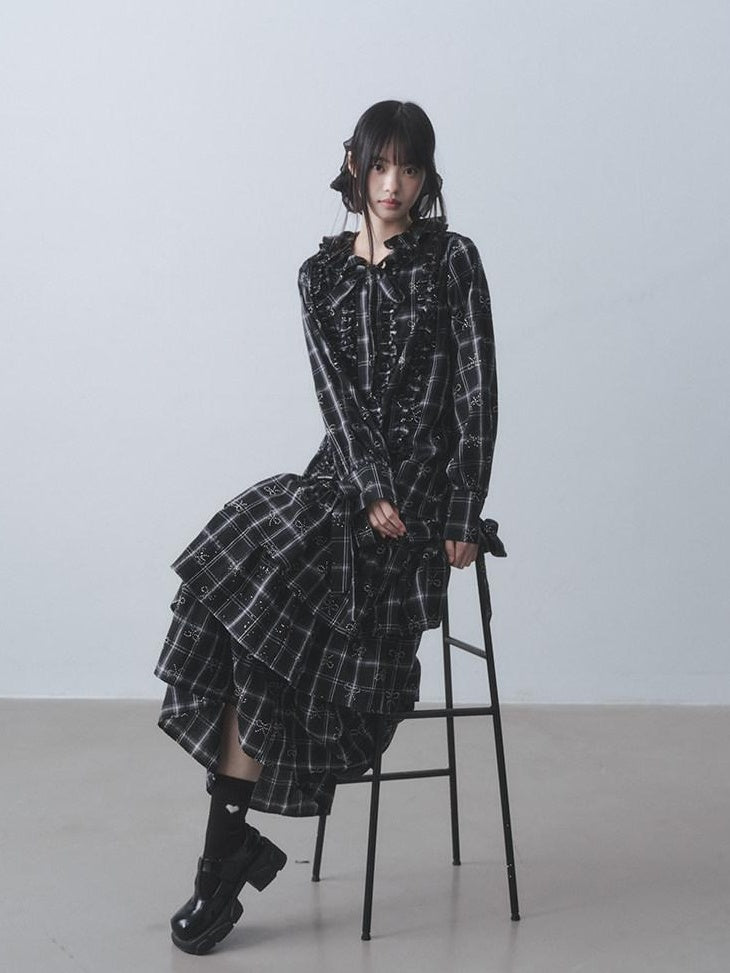 DDGIRL studio Wrinkle Free Black Plaid Collared Bow High Waist Loose Women Office Top & Skirt Sets