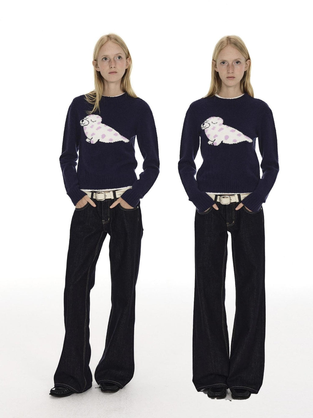 Country Moment Soft Slim Embroidered Seal Youthful Unisex Everyday Acrylic Round Neck Sweaters