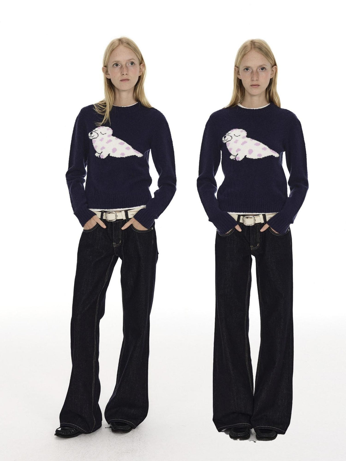 Country Moment Soft Slim Embroidered Seal Youthful Unisex Everyday Acrylic Round Neck Sweaters