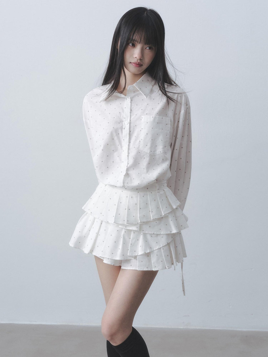 DDGIRL studio Quick Dry Pleated Polka Dot High Waist Button Shirt Women Top & Skirt Sets