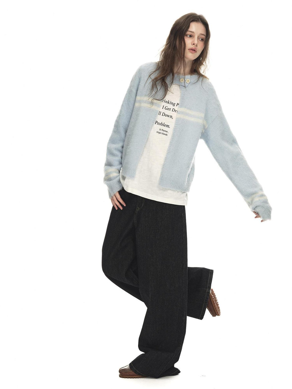 Country Moment Soft Wool Blend Light Blue Striped Relaxed Collar Women Breathable Cardigans