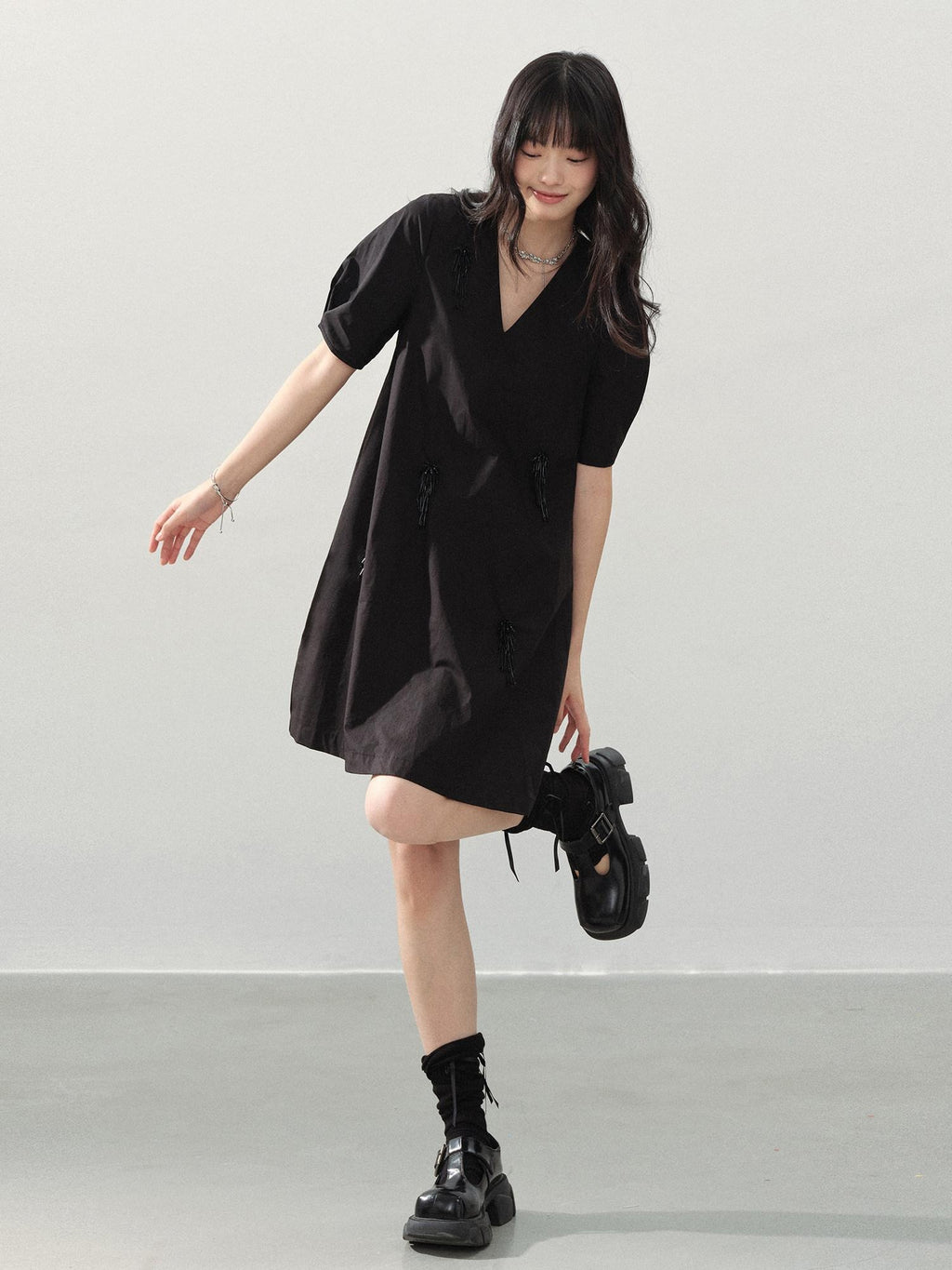 DDGIRL studio Beaded Soft Cotton A Line Puff Sleeve V-neck Back Zipper Black Mini Dresses