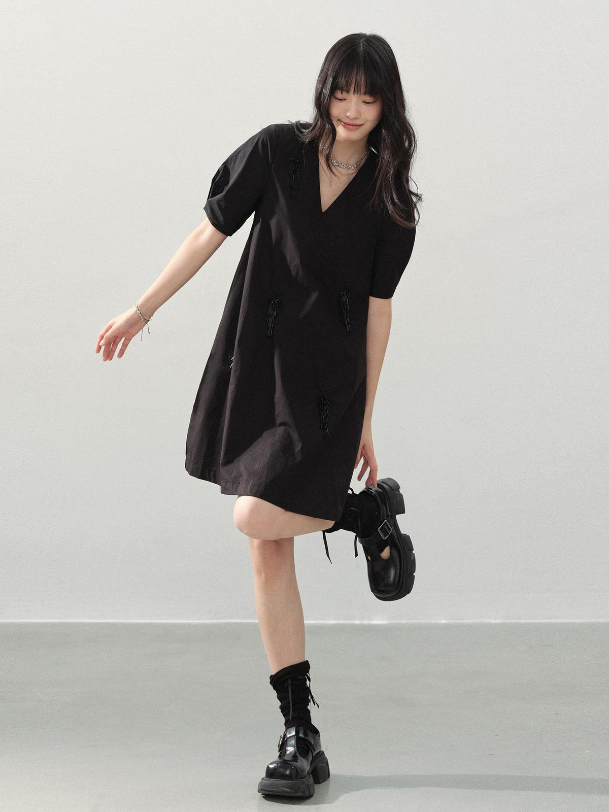 DDGIRL studio Beaded Soft Cotton A Line Puff Sleeve V-neck Back Zipper Black Mini Dresses