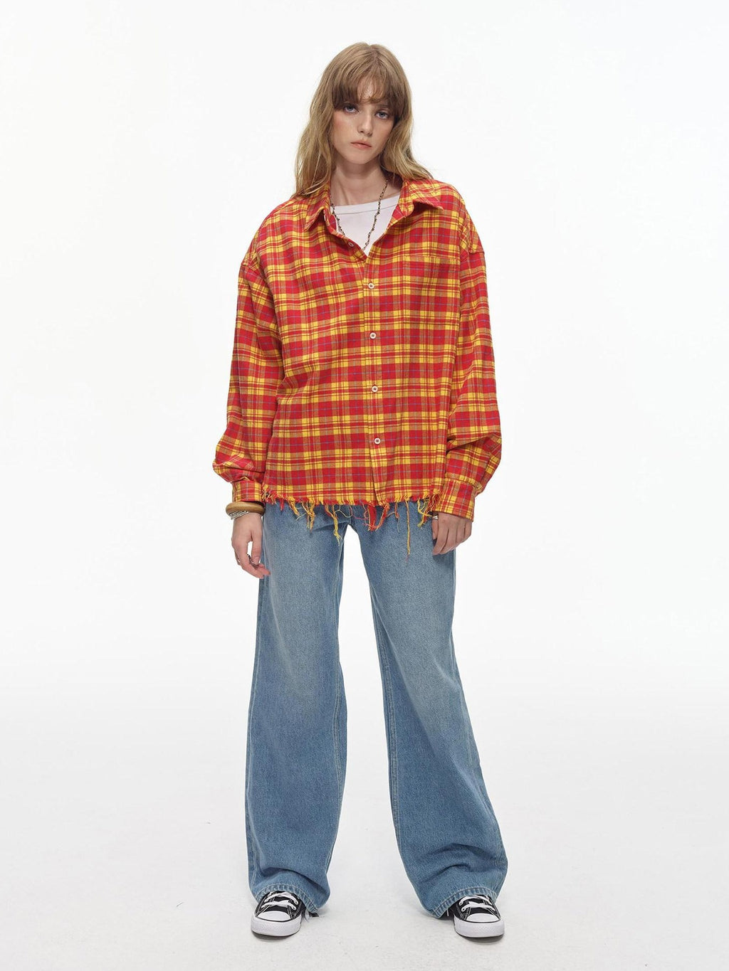 Country Moment Breathable Cotton Loose Plaid Fringe Unisex Longsleeve Button Collar Shirts