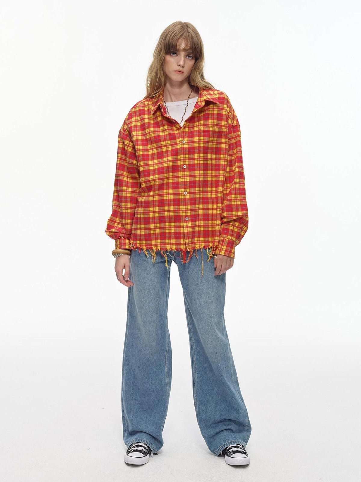 Country Moment Breathable Cotton Loose Plaid Fringe Unisex Longsleeve Button Collar Shirts