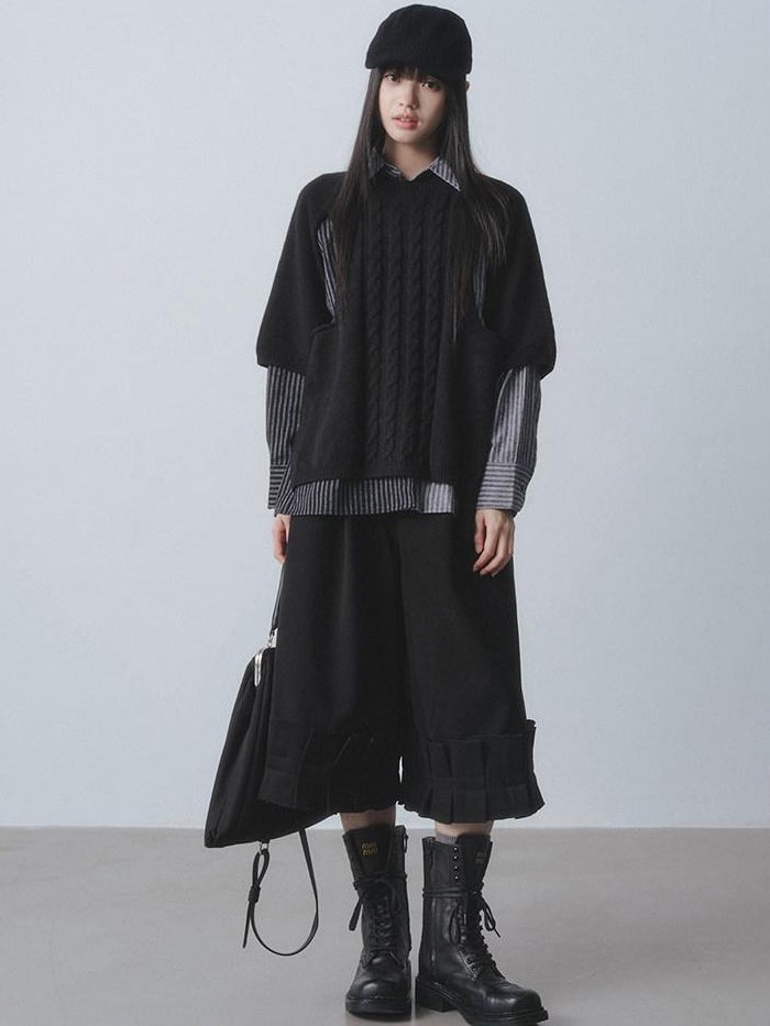 DDGIRL studio Warm Openwork Striped Knit Two Piece Loose Fit Collared Women Sweaters