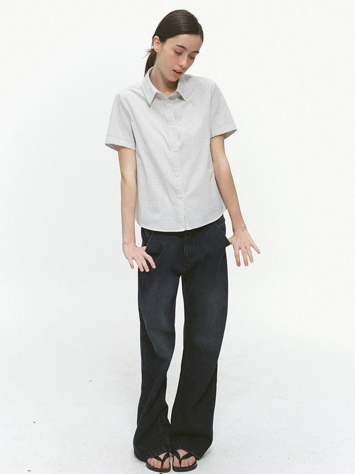Country Moment Breathable Pure Cotton Slim Fit Checked Short Sleeve Button Collar Women Shirts