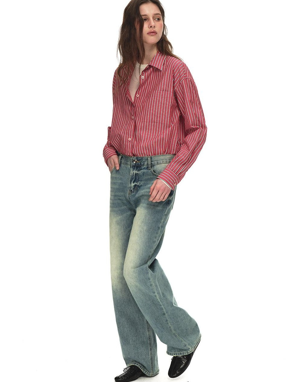 Country Moment 100% Cotton Vintage Oversized Red Stripe Button Long Sleeve Women Shirts