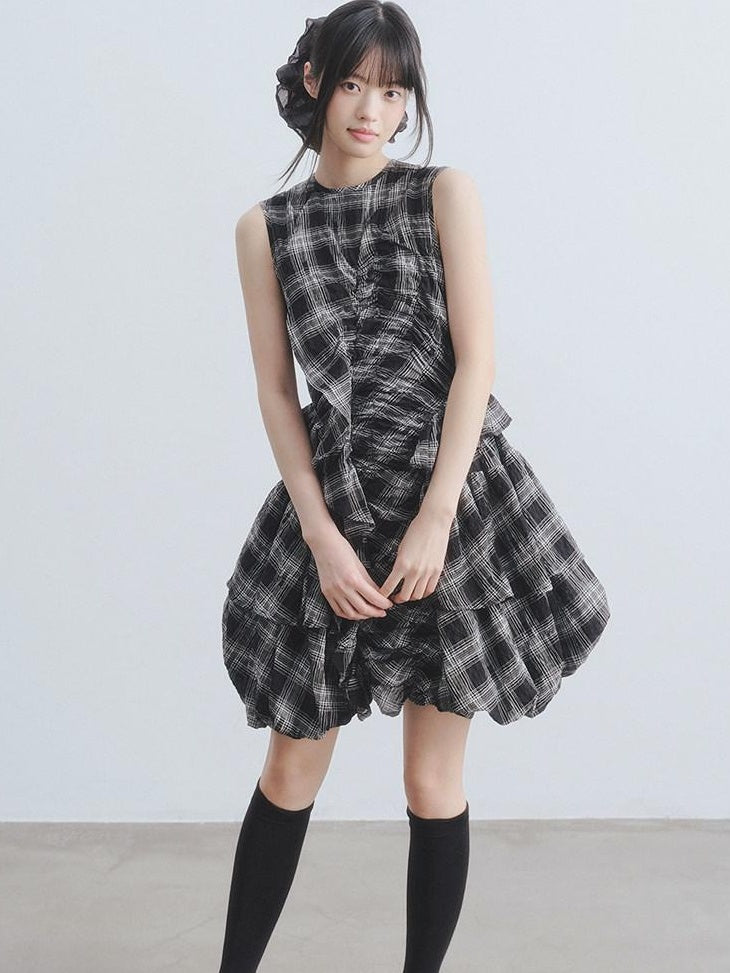 DDGIRL studio Soft Cotton Shirred A Line Sleeveless Checked Workwear Puff Skirt Mini Dresses