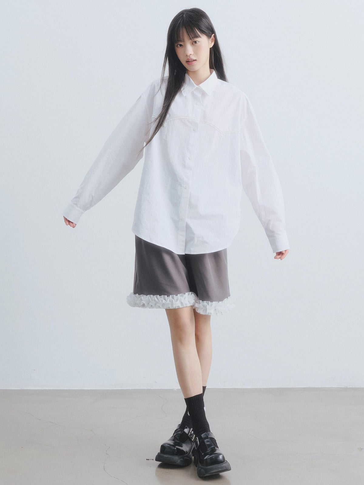 DDGIRL studio Pearl Embellished Pure Cotton Loose Fit Button Cardigan Office Shirts