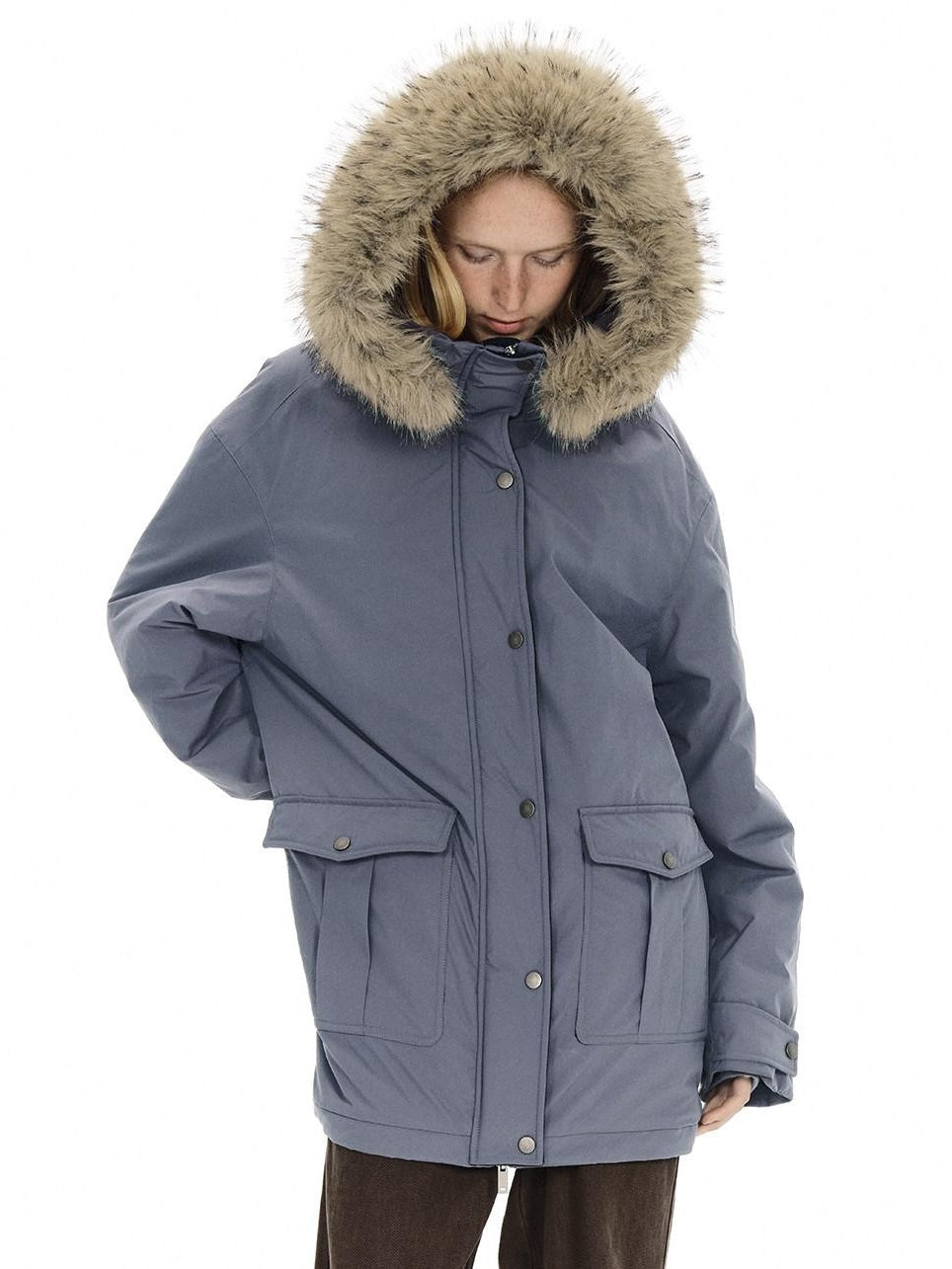 Country Moment Warm Cotton Lined Oversized Quilted Hooded Light Gray Youth Puffer Jackets