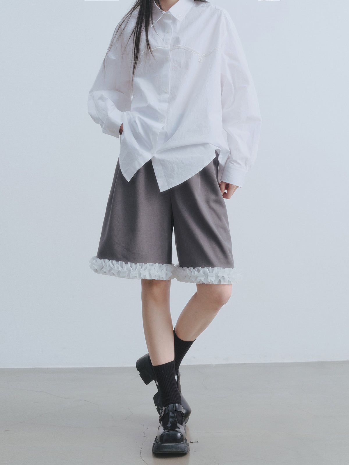 DDGIRL_studio_High_Waist_Wide_Leg_Workwear_For_Women_Grey_Polyester_Stretch_Mid-Length_Shorts_MISSTT