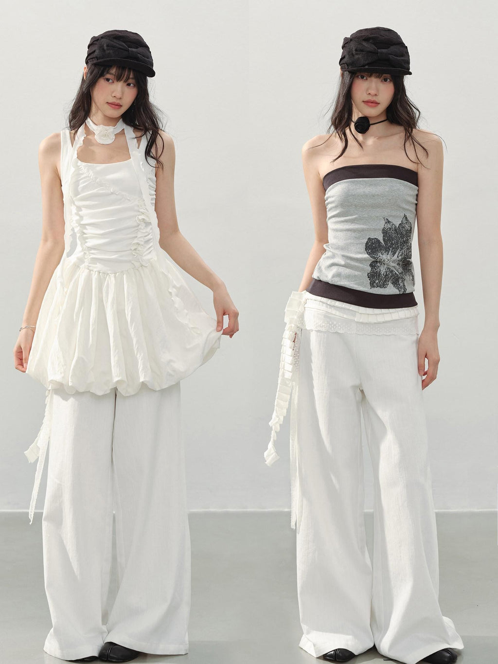 DDGIRL studio High Waist Shape Retaining Casual Lace Trim Solid White Women Wide Leg Pants