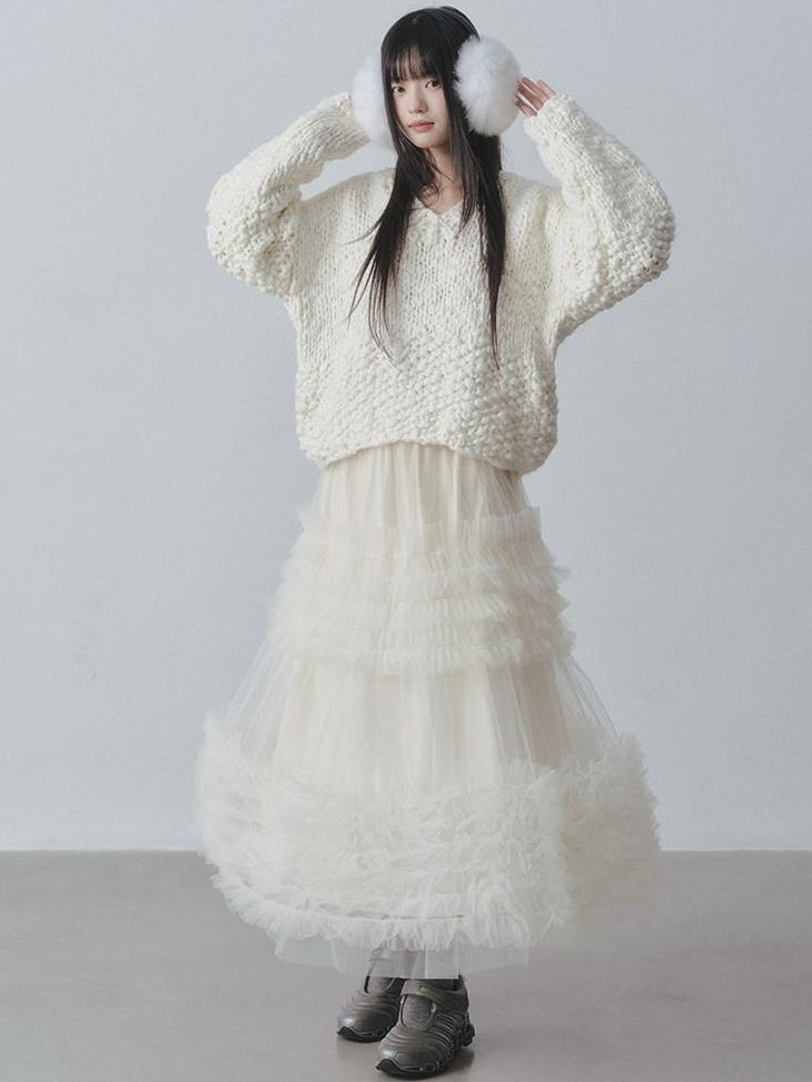 DDGIRL studio Cozy Soft Crochet V-neck Relaxed Oversized Women Campus Acrylic Wool Sweaters