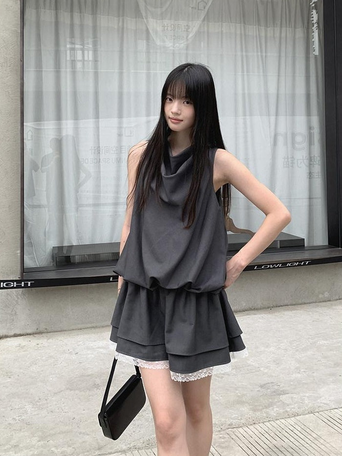 DDGIRL studio Lace Panel High Waist A Line Sleeveless Commuter Young Women Mini Dresses