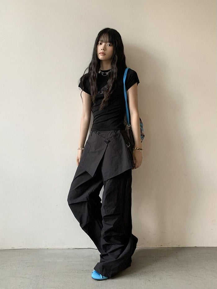 DDGIRL studio High Waist Cotton Cargo Pockets Loose Commuter Women Black Straight Pants
