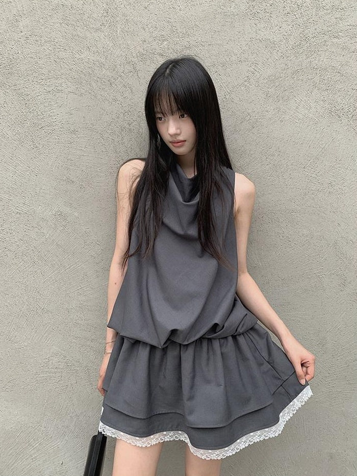 DDGIRL studio Lace Panel High Waist A Line Sleeveless Commuter Young Women Mini Dresses