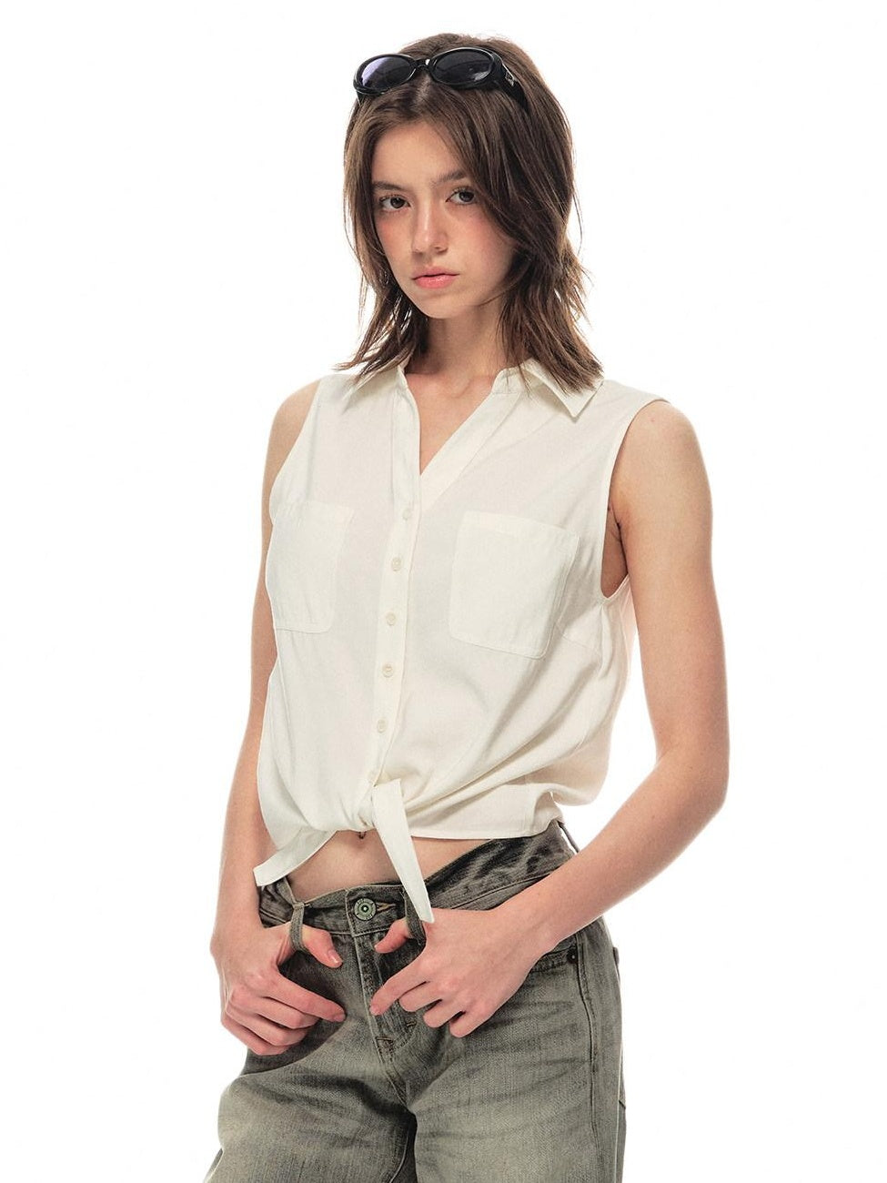 Country Moment Breathable Quick Dry Loose Tie Front Women Commuter Modal Sleeveless Short Shirts